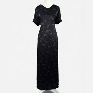 90s GAP Black Floral Satin Maxi Dress | Size 14